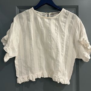 Zara crop flutter sleeve hem stripe linen sheer top